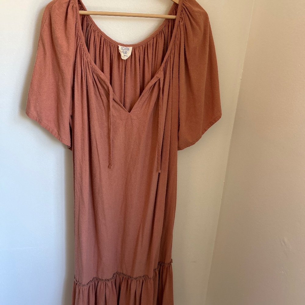 Costa Sur 100% Silk Terracotta Tiered Midi Dress